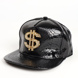 Casquette de baseball snapback en cuir PU à 5 panneaux, style punk hip-hop doré, motif crocodile, imperméable, avec signe dollar diamanté et visière plate - Product Image 2