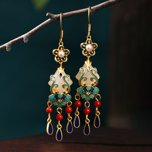 Boucles <span class=keywords><strong>d</strong></span>'oreilles de niche YWJW pour femmes, style palais, en tungstène plaqué <span class=keywords><strong>or</strong></span> 24 carats, avec jade, couleur antique et préservée - Product Image 1