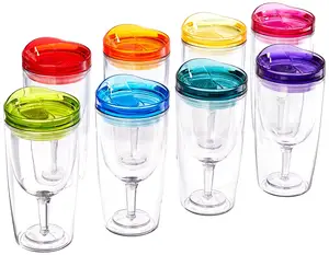 Amazon Multi Warna 10Oz dinding ganda terisolasi plastik sebagai akrilik bening transparan anggur Sippy Glass Tumbler Cup In Cup dengan tutup