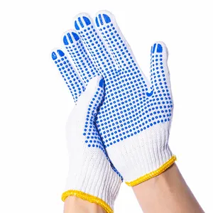 ถุงมือผ้าฝ้ายสตรี PVC มีปุ่ม,ถุงมือทำงานก่อสร้างสีขาวฟอกขาว7เกจ