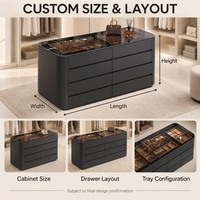 Meuble îlot de rangement pour bijoux en charbon de bois sur mesure avec dessus en verre et tiroirs pour dressing