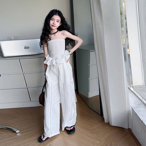 Top a Tubo Bianco con Volant per Ragazze, <span class=keywords><strong>Pantaloni</strong></span> Dritti a Vita Alta in Pizzo, Stile Coreano in Cotone Casual, Nuova Collezione 2025 Elegante per Bambine - Product Image 2