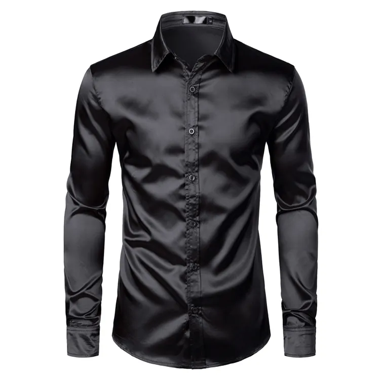 Men custom logo cheap long sleeve satin luxury silk dress wedding party tuxedo shirts