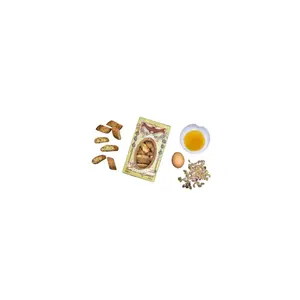 Hecho en Italia, marca italiana, productos horneados, Cantuccini 250G, mantequilla de miel, sabor a pistacho, forma ovalada, galleta