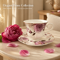 Ensemble tasse et soucoupe à café en céramique rose vintage européen, bordure dorée, bord festonné, tasse à thé de l'après-midi, vaisselle de table, cadeau