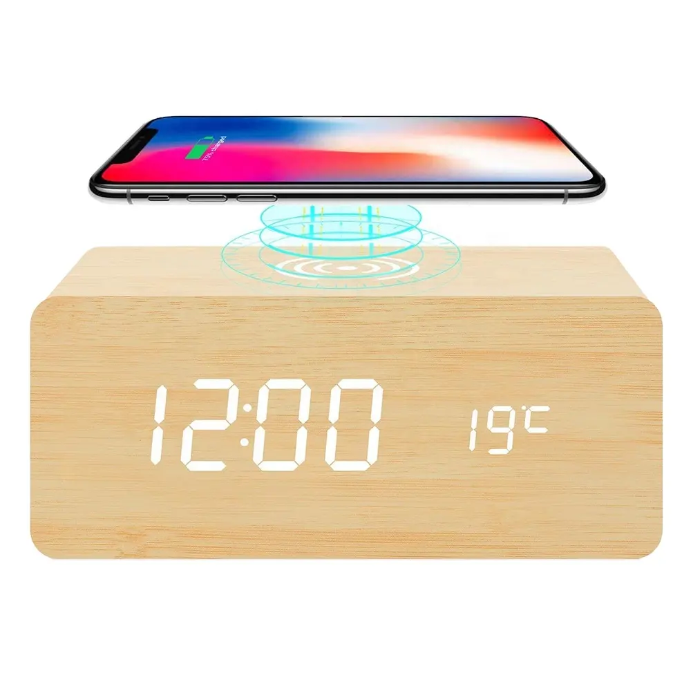 Despertador Digital Led de madera, cargador inalámbrico, Usb, electrónico