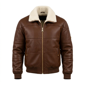 Chaqueta Bomber de Cuero Marrón para Hombre con Cuello de Piel Sintética, Cierre de Cremallera, Puños Acanalados, Bolsillo Utilitario en el Manga y Estilo Aviador Clásico - Product Image 1
