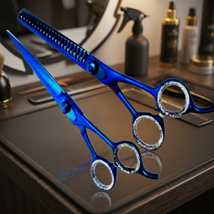 Ciseaux de coiffure professionnels en acier inoxydable 4Cr13 avec revêtement couleur titane, manche court pour droitiers, 6 pouces, étui argenté - Product Image 2