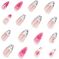 Faux ongles à presser romantiques roses en acrylique certifiés CE, motif fleur 3D, forme amande moyenne, rayures zébrées, perles dorées, French manucure brillante, vente en gros