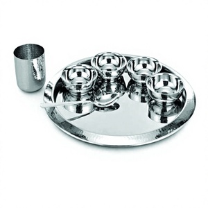 Wholesale Eco-Friendly Deluxe Thali Dinnerware <b>Set</b> 7-Piece Single <b>Wall</b> Hammered Silver Color <b>Mirror</b> Polished Stainless Steel - Product Image 1