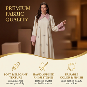 Abaya musulmane pour femmes avec col contrastant, longueur intégrale, ornée de strass, marque privée - Product Image 3