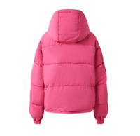 Veste d'hiver pour femme, fabrication chinoise OEM, rose, respirante, tissée, avec logo imprimé, manches longues, capuche, style puffer
