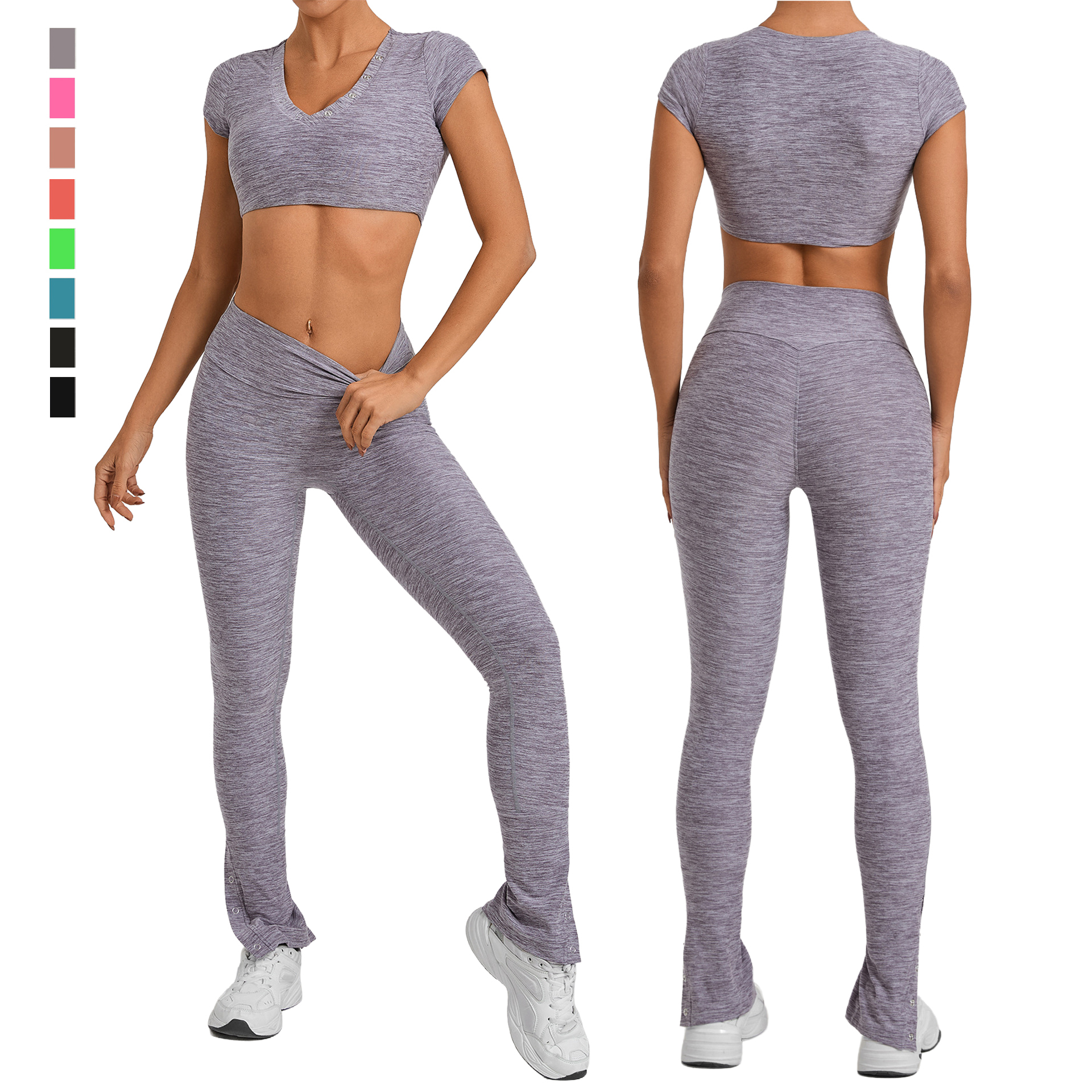 Women's Solid Breathable Activewear V Neck Short Sleeve Gym Crop Top Elastic High Waist Scrunch Butt Yoga Leggings Quick Dry