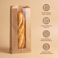 Sacs à pain en papier brun avec fenêtre, sacs en papier fins et croustillants pour le pain et les biscuits, sacs à pain personnalisés, sacs en papier kraft