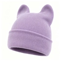 Bonnet tricoté rose à oreilles de chat avec logo personnalisé, bord côtelé, pour fête d'Halloween, cadeau de Noël, chaud et mignon, unisexe, vente en gros