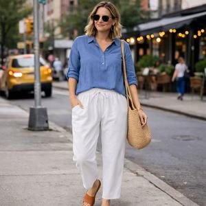 Pantalon en <span class=keywords><strong>lin</strong></span> pur personnalisé pour <span class=keywords><strong>femme</strong></span> avec taille élastique, cordon de serrage, bas resserré et poches pour vêtements féminins - Product Image 5