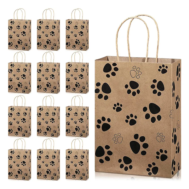 Recycle Paper Puppy Dog Paw Prints Shopping Treat Bags Christmas Gift Packaging Bag with Twist Handles