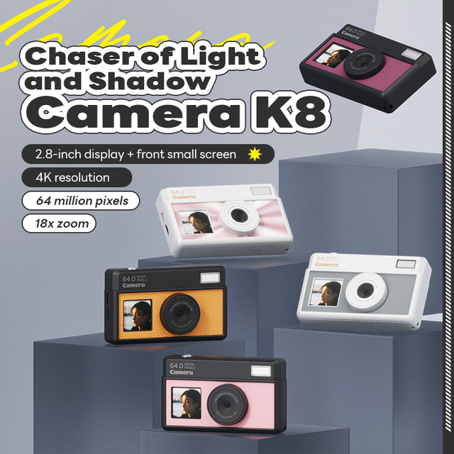Retro CCD Camera 64MP 4K Video Camera 18X Zoom Dual Lens Mini Point and Shoot Digital Camera with Front Screen LED Fill Light