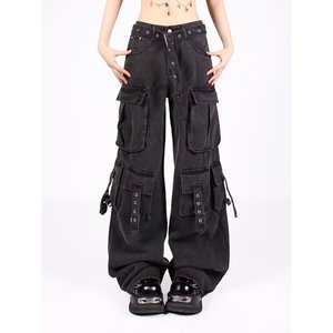 Nouveau <span class=keywords><strong>pantalon</strong></span> salopette <span class=keywords><strong>noir</strong></span> multi-poches <span class=keywords><strong>taille</strong></span> mi-<span class=keywords><strong>haute</strong></span> style américain pour hommes et femmes, coupe ample et jambe <span class=keywords><strong>large</strong></span> - Product Image 1