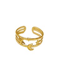 Vente en gros Bague ajustable imperméable à l'eau Bague étoile de lune en acier inoxydable plaqué or non terni pour femmes