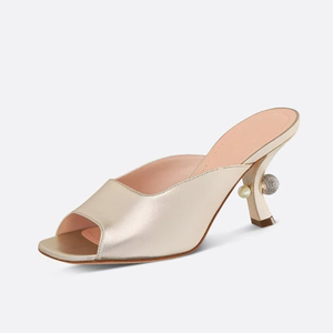 Mules de tacón alto con perlas y pedrería brillante para mujer, sandalias de vestir de ajuste ancho con punta abierta - Product Image 4