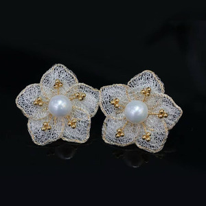 14K Gold Filled Wire‑Net Flower Stud <b>Earrings</b>, Italian Textile Weave Craft 9‑10mm Nucleated Edison Freshwater Pearl - Product Image 2