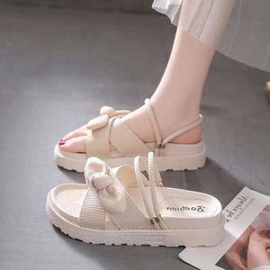 Women's Platform Canvas <b>Sandals</b> with Thick Soles and Bow Decorations-Spring Beach Shoes or Flat <b>Sandals</b> - Product Image 3