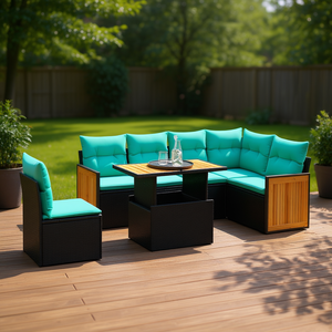 Set di divani da giardino in polyrattan nero da 7 pezzi con cuscini, mobili da esterno per sedute da giardino, stile contemporaneo per 7 persone - Product Image 2