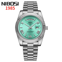 Montre à quartz de luxe NIBOSI 2628 pour homme, 40 mm, multifonctionnelle, cadran vert, acier inoxydable, argenté, répétiteur creux, lumineuse