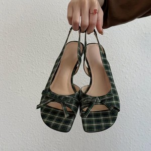 Sandales à talons à carreaux, bout ouvert, talon bas et fin, avec nœud décoratif, bride arrière, à enfiler, élégantes, tendance, pour femmes - Product Image 4