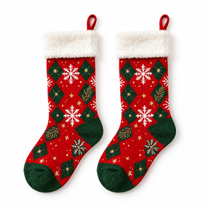 Chaussettes <span class=keywords><strong>de</strong></span> Noël personnalisées en tricot à motif Argyle rouge et vert, avec flocon <span class=keywords><strong>de</strong></span> neige, pour cheminée, décoration <span class=keywords><strong>de</strong></span> vacances, bordure en peluche - Product Image 3