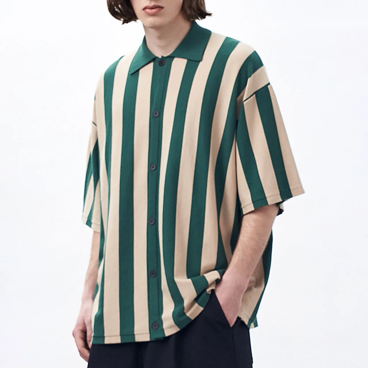 AOPU Men's Short Sleeve Vintage Green Stripe Lapel Collar Knit Polo Shirt Button Down Cardigan Sweater Golf T shirt For Men