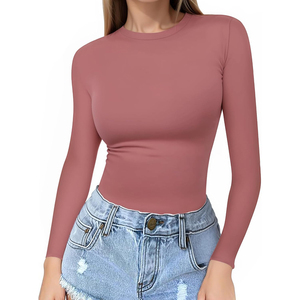 Tùy Chỉnh Của Phụ Nữ Tre Vải Dài Tay Áo T Áo Sơ Mi Phi Hành Đoàn Cổ Mỏng Phù Hợp Với Tre <span class=keywords><strong>Tops</strong></span> Sexy Cơ Bản TEE Khói Đám Mây Pro Bộ Sưu Tập - Product Image 4