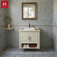 Kabinet Kamar Mandi Gaya Amerika Happy Houses, Terpasang di Dinding, Custom, Kayu Solid Putih, Wastafel Ganda, Rak Lengkung Terbuka untuk Villa
