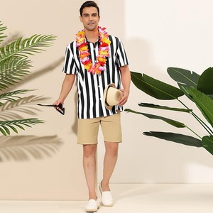 Men's ODM Custom Logo Stripe Print Breathable Stand Collar Short Sleeved Color Block Button <b>Down</b> Summer Beach Shirt 100% Cotton - Product Image 6