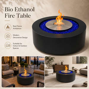 Table de foyer extérieur au <span class=keywords><strong>bio</strong></span>éthanol, foyer rond avec verre bleu, brûleur en acier inoxydable <span class=keywords><strong>pour</strong></span> patio et jardin - Product Image 2