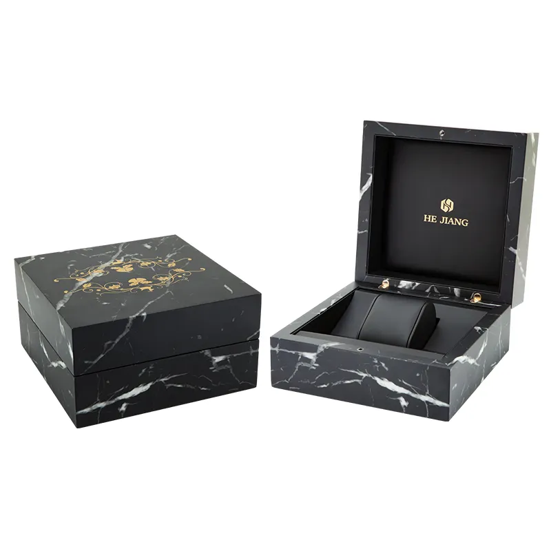 Коробка для часов под заказ, деревянный мраморный шпон, шелкографический логотип, черный лаковый корпус для часов, Высококачественная популярная деревянная коробка для часов