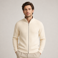 Cardigan zippé en mélange cachemire et laine pour homme, col tricoté avec poches, luxe discret, style décontracté chic, vente en gros Europe