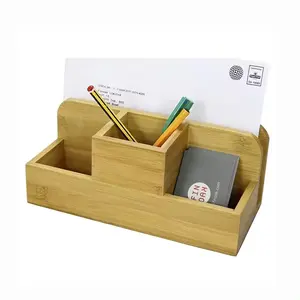 Handgemaakte Bamboe Desktop Organizer Voor Thuiskantoor Rechthoek Aanrecht Pen Potlood Stand Bestand Papier Mail Brief Houder