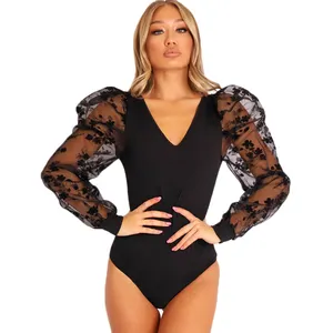 Wholesale Embroidery Long Puff Sleeve Body Suits Sexy Women Fashion Bodysuit