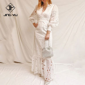 Robe maxi de luxe à col en V et manches longues ajourées, confectionnée sur mesure en coton 100% brodé - Product Image 2