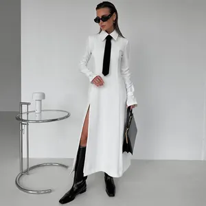 Designer Kleidung Preppy Tie Schulter gepolstert Langarm Shirt Stil Damen Schlitz Kleider Casual White Long Shirt Kleid für Frauen