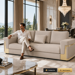 <span class=keywords><strong>Divano</strong></span> di Lusso per Soggiorno di Villa, Moderno in Pelle Nappa con Finiture in Metallo Dorato per Case di Alta Gamma - Product Image 3