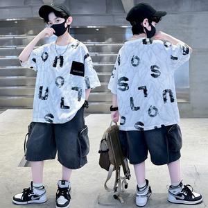 Ensembles d'été 2026 pour adolescents : T-shirt à manches courtes imprimé lettres + Short cargo <span class=keywords><strong>en</strong></span> <span class=keywords><strong>jean</strong></span> – Lot de 2 pièces pour garçons - Product Image 2