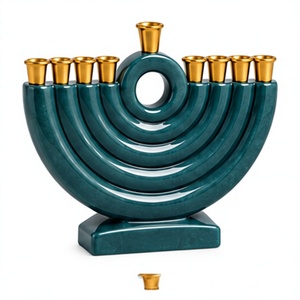 Chandelier de Hanouka vert sarcelle avec coupelles dorées en forme d'anneau, décoration religieuse, centre de table - Product Image 1
