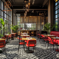 Meubles de restaurant de luxe Ron Group, banquette en forme de L capitonnée, ensemble de chaises en cuir, table carrée en bois