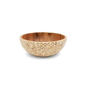 Tazón de servir de madera estilo bohemio Suar con intrincado incrustado de bambú blanco, apto para alimentos, perfecto como un regalo único y artístico. - Product Image 3