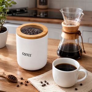 Tarro de cerámica para café con logotipo personalizado, tapa de bambú transparente, 850 ml, recipiente hermético para granos de café, té y azúcar - Product Image 2