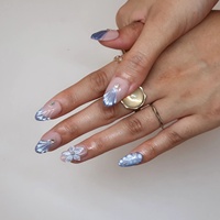 Ongles à presser en acrylique effet coquillage sirène, motif coquillage œil-de-chat bleu, fleurs 3D, forme amande, personnalisables, vente en gros
