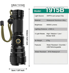 Mạnh mẽ LED 90000 lumens t6flash ánh Sáng Ngọn đuốc USB có thể sạc lại đầu có thể sạc lại LED torchtactical Đèn pin Gun Torch ánh sáng - Product Image 6